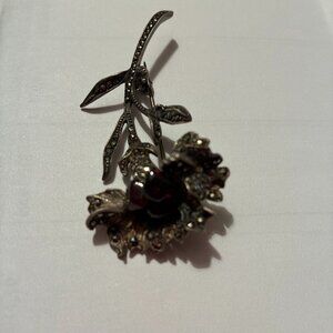 Vintage Marcasite Pin set in sterling silver with 3 semi-precious stones.